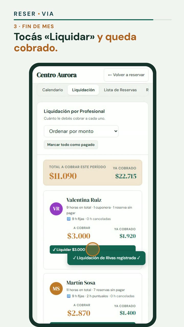 Reservia: pantalla de liquidación con lo que le toca pagar a cada profesional y el botón Liquidar
