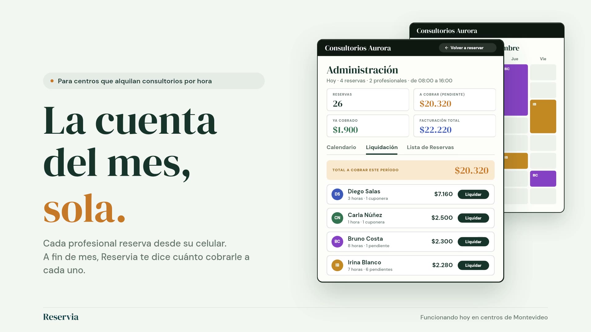 Reservia: la cuenta del mes, sola. Pantalla de liquidación con el total a cobrar por profesional